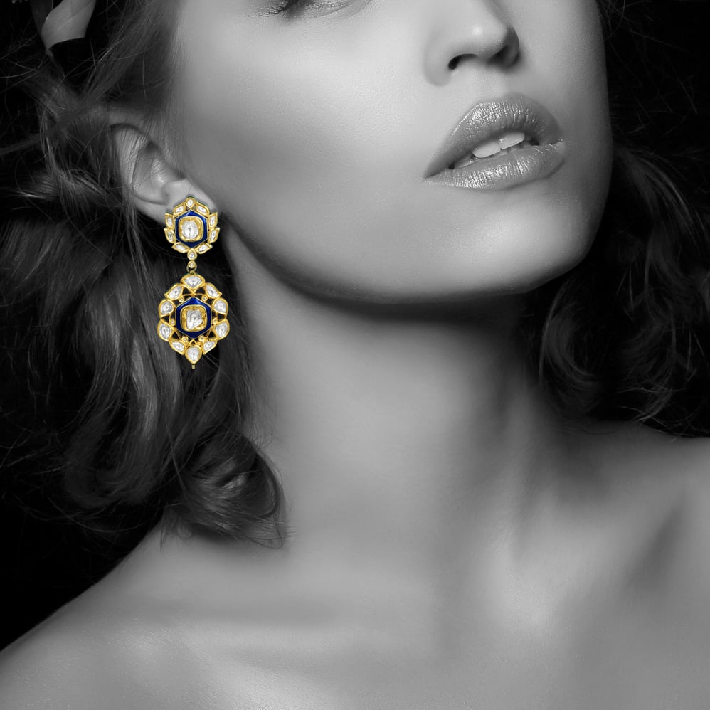 Blue Enamel Earrings with Polki Cluster and Bold Detailing